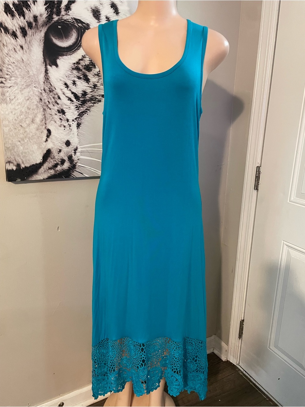 Cupio Teal Sleeveless midi Tank Dress Soft Jersey knit crochet lace cutout hem L